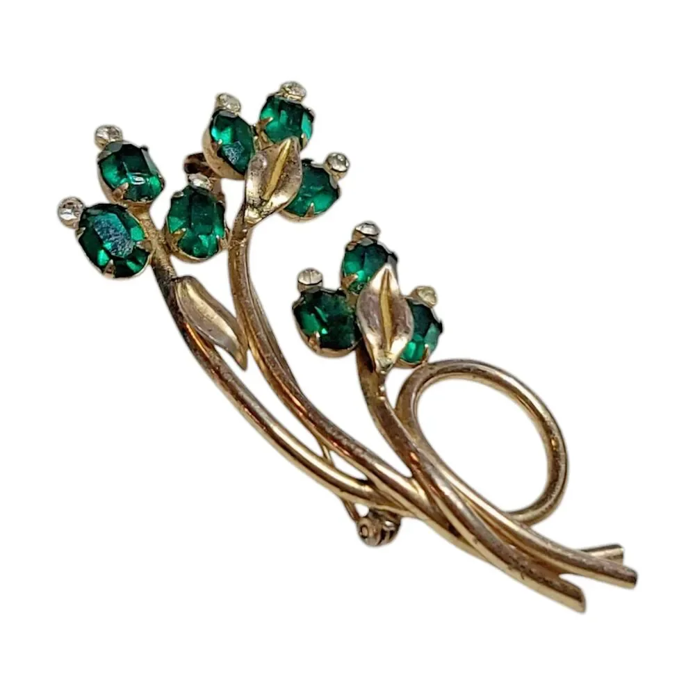 Green Marquise Rhinestone Floral Spray Brooch Pin Gold Tone Prong Vintage